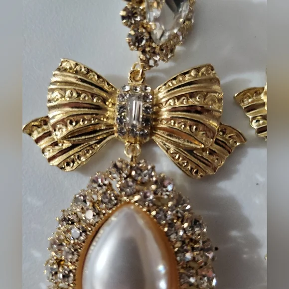 AMAZING! Vintage style earrings bow crystal rhinestones pearl BIG wedding Bride - Picture 9 of 16